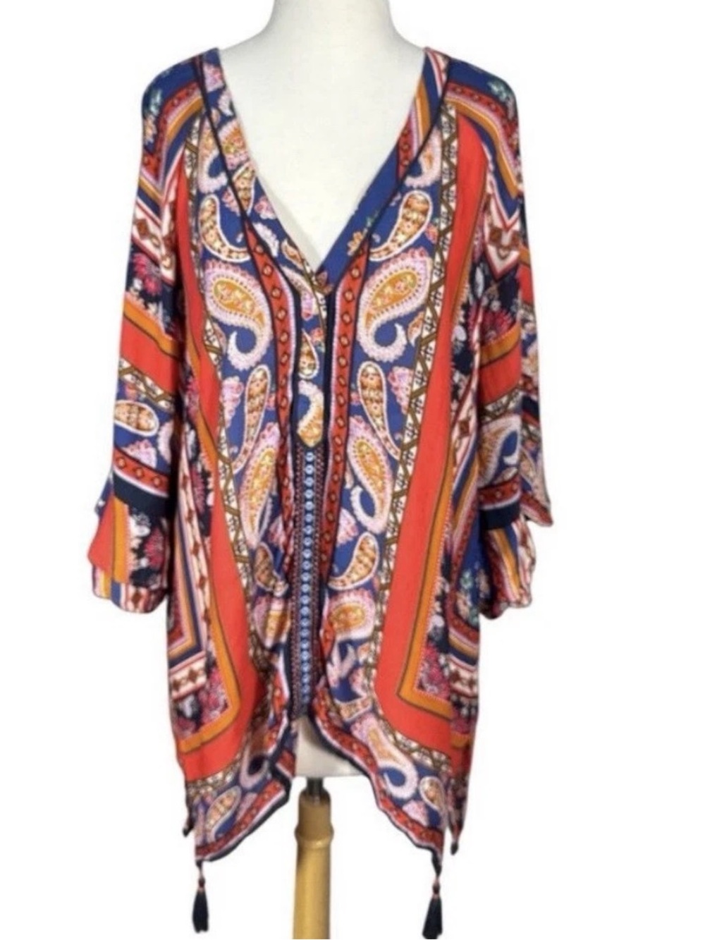 Democracy Women's Blouse Flowy Long Shark Hem Tassels XL